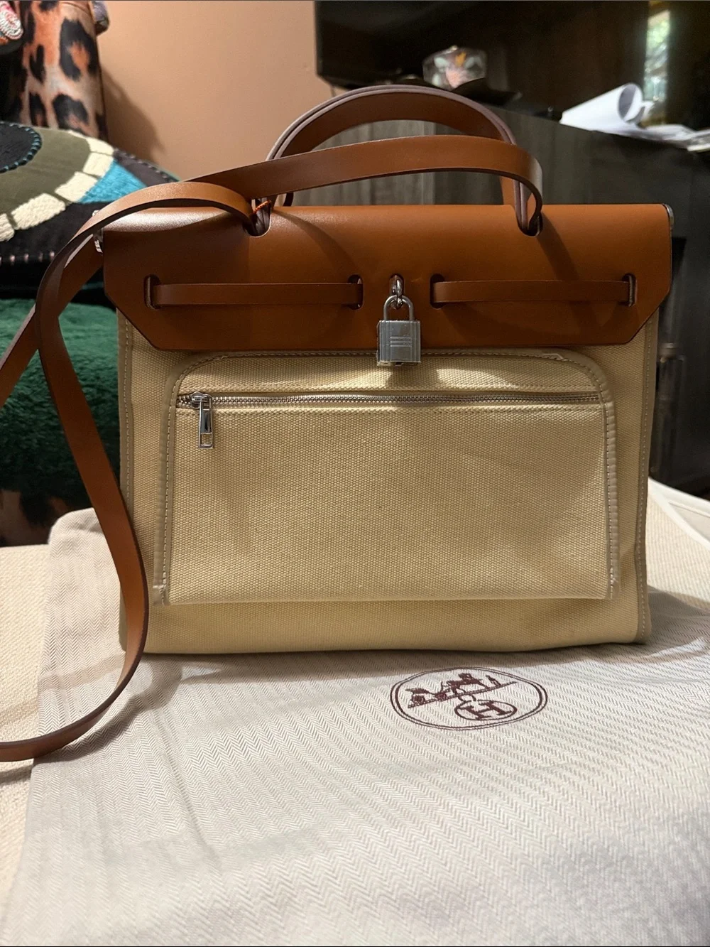 Cream Canvas and Brown Leather Top-Handle Briefcase with Silver Hardware